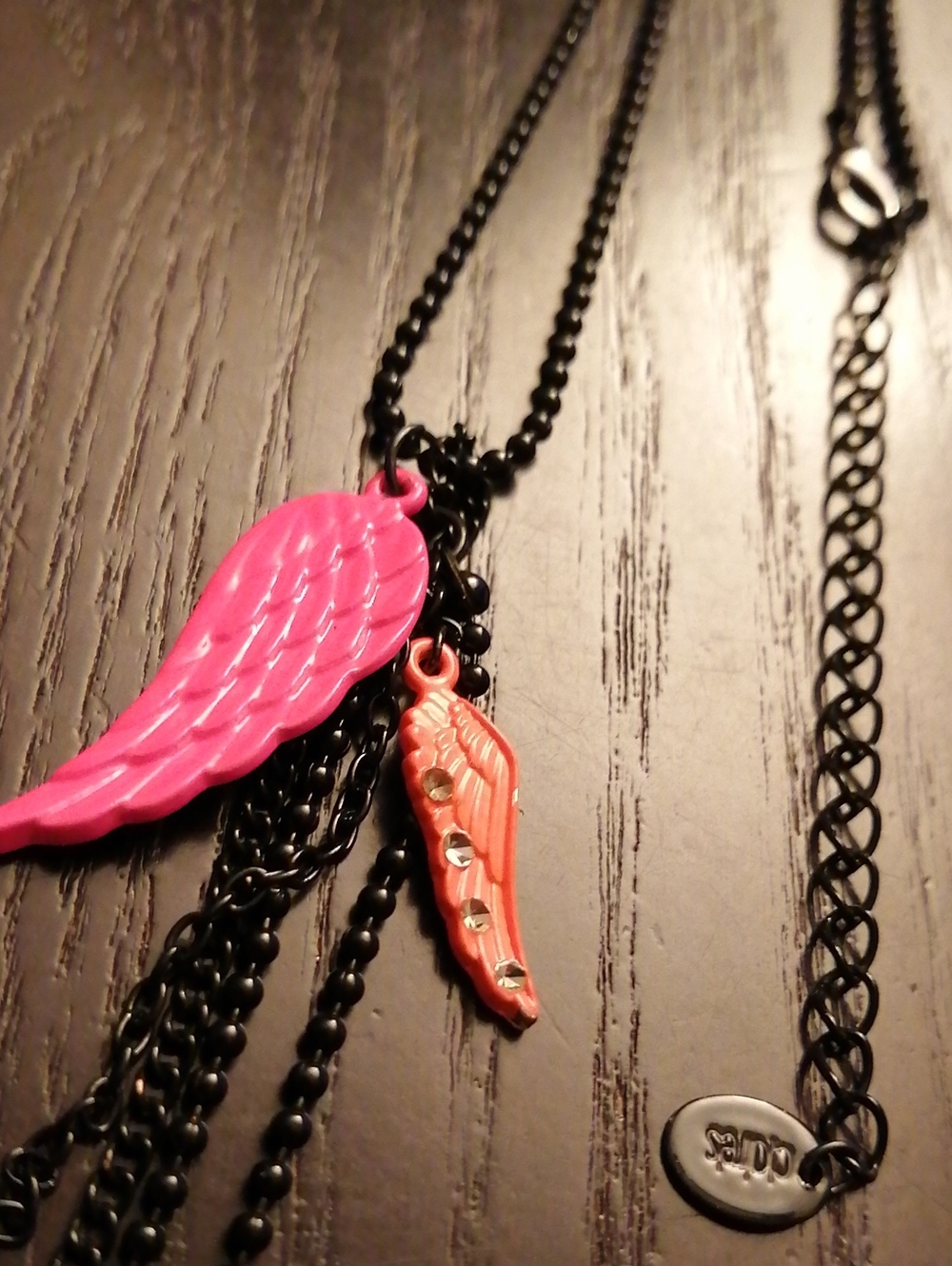 Claire's Black Chain Necklace with Pink and Orange Wing Charms 16"+3" Long